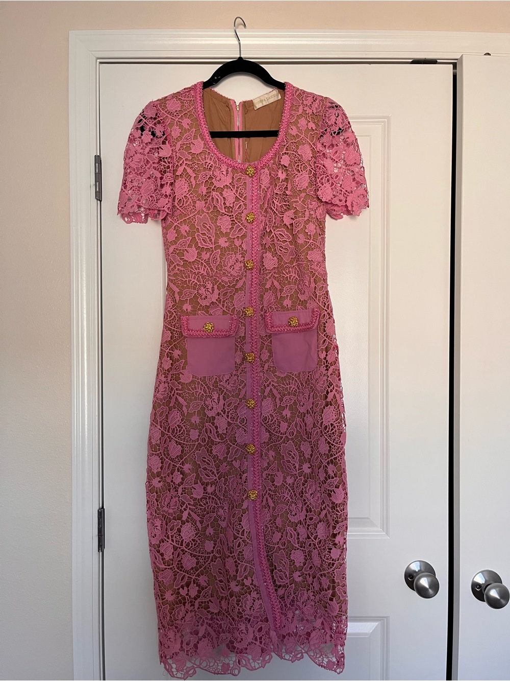 Pink Lace Midi Dress with Gold-Tone Buttons